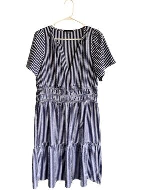 Tommy Hilfiger Navy & White Striped Short Sleeve Midi Dress